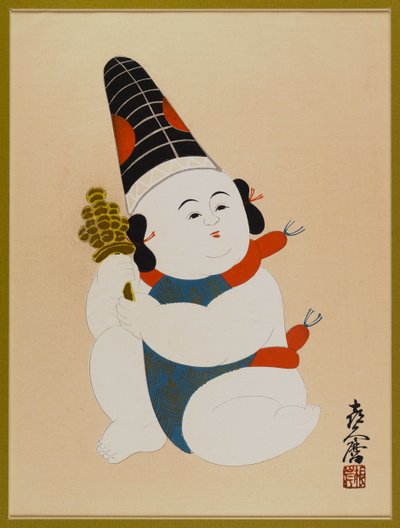 Uten tittel (sittende gutt, iført hatt og holder en leke) (treblokk fargetrykk) av Japanese School