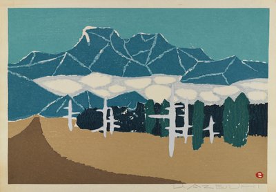 Uten tittel (Snow Mountain Landscape), tilskrevet U. Azeuhi (treblokk fargetrykk) av Japanese School