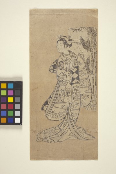 Uten tittel (Woman Standing In Front Of Tree) (farget treblokktrykk) av Japanese School