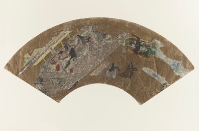 Uten tittel - Vifteformet maleri av damer som sitter i en paviljong og spiller et spill, 1603-1868 av Japanese School