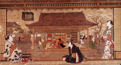 Utsikt over Maromasa-palasset. Japansk trykk fra 1700-tallet. Privat samling av Japanese School