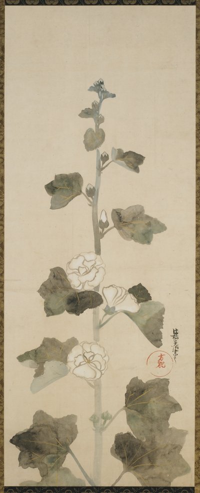 Hvite stokkroser, Edo-perioden, 1615-1868 (blekk, fargetone og gull på papir) av Japanese School