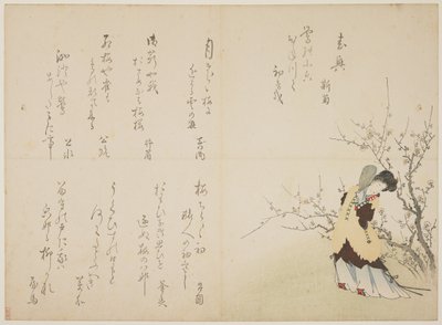 Kvinne i kinesisk hoffantrekk, ca. 1830-44 (farget treblokktrykk, karazuri på pels) av Japanese School