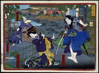 Kvinne i kimono og samurai - i "" The vengeance of the 47 ronins"" 1800-tallet: Kabuki-serien av Japanese School