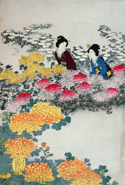 Kvinner i en blomstrende hage (farget treblokktrykk) av Japanese School