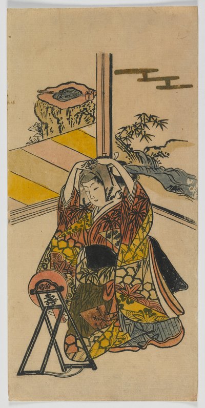 Ung kvinne som kneler ved siden av et speil, Edo-periode, 1720-tallet (treblokktrykk i farger) av Japanese School