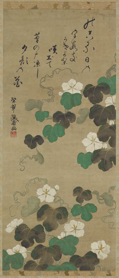 Yugao-ranker og et dikt, hengende rulle (montert på panel), 1700-1800-tallet (farge på papir) av Japanese School
