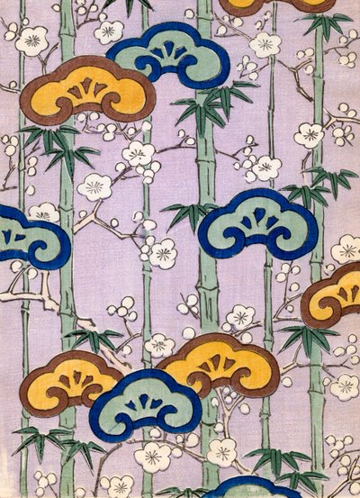 farget treblokktrykk av bambus og kirsebærblomster av Japanese School