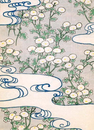 farget treblokktrykk av Blooming Vines og Wave Pattern av Japanese School