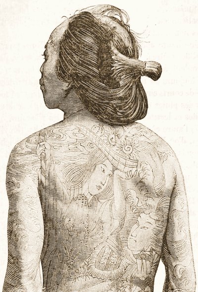 mann med tradisjonelle japanske Irezumi-tatoveringer, ca. 1880 av Japanese School