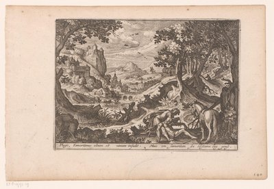Landskap med historien om den barmhjertige samaritanen: samaritanen hjelper offeret på hesten sin Historien om den barmhjertige samaritan (serietittel) av Jaspar de Isaac (attributed to)
