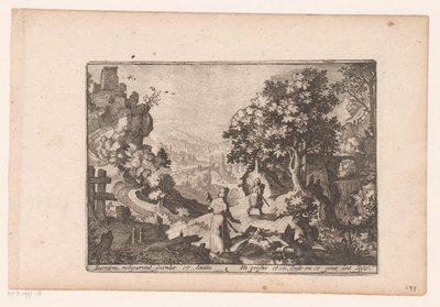 Landskap med historien om den barmhjertige samaritan: presten og levitten passerer offeret og etterlater det Historien om den barmhjertige samaritan (serietittel) av Jaspar de Isaac (attributed to)