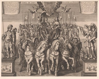 Ludvig XIII og Anna av Østerrike med Dauphin og hertugen av Anjou i en vogn trukket av fire hester L