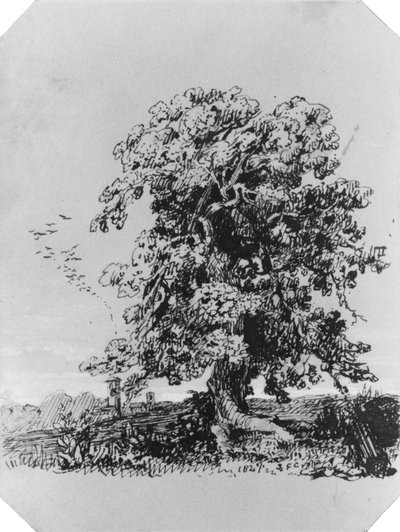 Landskap med tre og en landsby i det fjerne (fra Cropsey-albumet) av Jasper Francis Cropsey