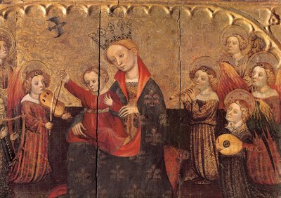 Rom fra en altertavle med jomfruen og barnet og englemusikere, tidlig på 1400-tallet (tempera på tre) av Jaume Cabrera