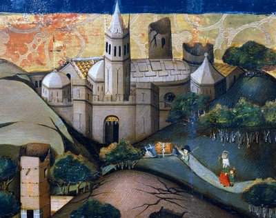 Landskap med Episcopal Church, detalj fra Flight into Egypt, altertavle fra Verdu av Jaume Ferrer