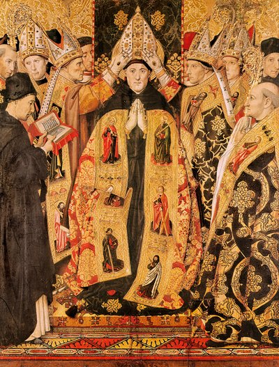 "" Innvielsen av St. Augustine av Hippo "" Altertavle av St. Augustine. Detrempe på tre av Jaume Huguet (1415-1492). 1466-1475. Fra St. Augustine-kirken i Barcelona. av Jaume Huguet