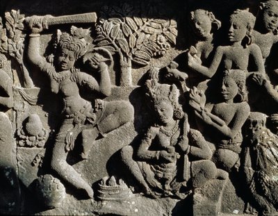 Relieff fra det hinduistiske tempelet av Javanese School