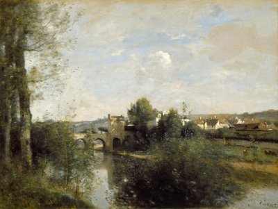 Seinen og den gamle broen i Limay av Jean-Baptiste-Camille Corot