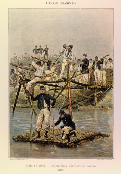 Typer og uniformer av den franske Armee av kaptein Jules Richard, illustrert av Edouard Detaille (1848-1912): Corps de Genie; Bygging av en bro av faskiner i 1887, Privat samling av Jean Baptiste Edouard Detaille