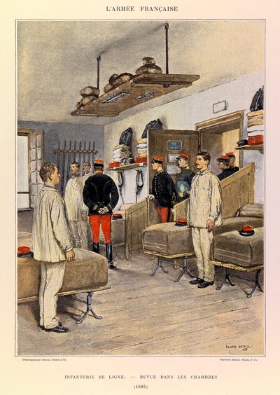 Typer og uniformer av den franske Armee of Captain Jules Richard, illustrert av Edouard Detaille (1848-1912): Linjeinfanteri: Revue dans les chambers en 1885, Privat samling av Jean Baptiste Edouard Detaille