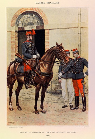 Typer og uniformer til den franske arméen til kaptein Jules Richard, illustrert av Edouard Detaille (1848-1912): Offiser og ryttere på toget av militære mannskaper i 1887, Privat samling av Jean Baptiste Edouard Detaille