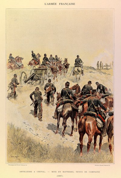 Typer og uniformer av den franske Armee av kaptein Jules Richard, illustrert av Edouard Detaille (1848-1912): Artilleri til hest; Batterier; Feltkjole i 1887, Privat samling av Jean Baptiste Edouard Detaille