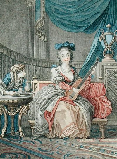 The Pleasures of Solitude, gravert av Louis Marin (fl.1776-80), ca. 1770-80 (farget litho) av Jean Baptiste Le Prince
