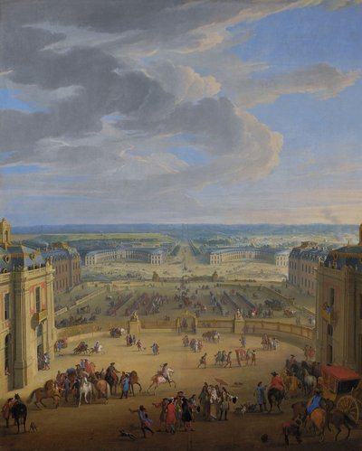 Perspektivvisning av slottet i Versailles på Place d#39;Armes og stallen. Stallen sett fra slottet i Versailles. av Jean-Baptiste Martin