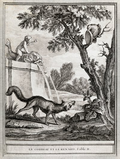 The Crow and the Fox, illustrasjon av Jean-Baptiste Oudry (1686-1755) for fabelen av Jean de La Fontaine (1621-1695) av Jean Baptiste Oudry