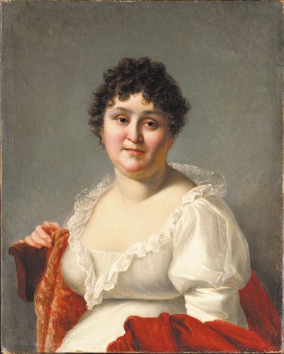Portrett av Madame Regnault, bystelengde, i en hvit kjole og persimmonsjal (olje på lerret) av Jean Baptiste Regnault