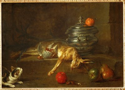 Katt ser på en død rapphøne og en død hare, kastet ved siden av en oljekrukke (maleri på lerret) av Jean-Baptiste Simeon Chardin