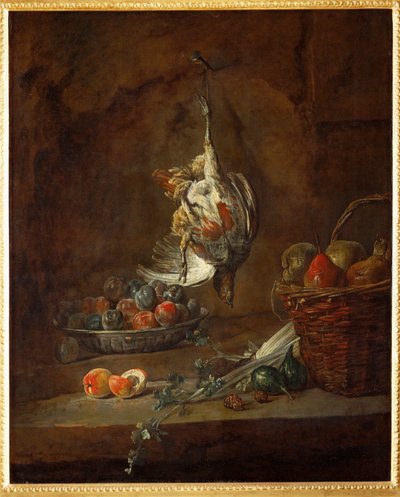 Død rapphøne hengt i ett ben, bolle med svisker og en kurv med pærer (maleri på lerret) av Jean-Baptiste Simeon Chardin