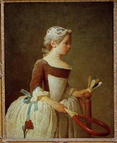 Jente med fjærball (maleri på lerret) av Jean-Baptiste Simeon Chardin