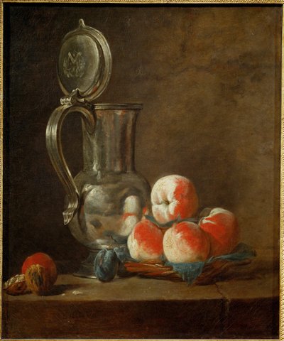 Tinnpotte med tallerken med fersken, svisker og nøtter (maleri på lerret) av Jean-Baptiste Simeon Chardin