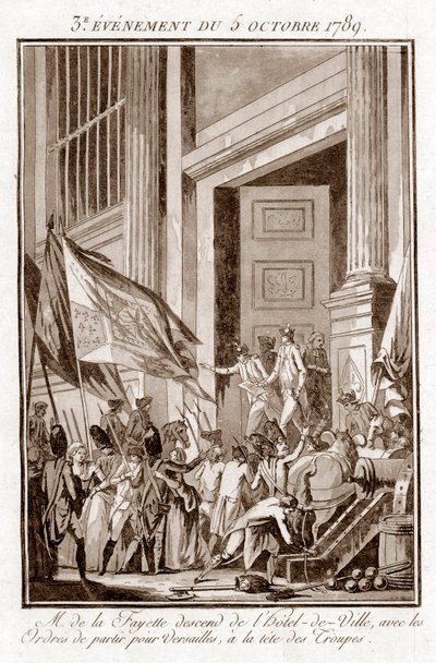 Den franske revolusjonen - La Fayette forlater rådhuset i Paris for å dra til Versailles 5. oktober av Jean Francois Janinet