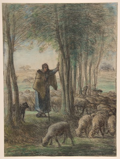 En gjeterinne og flokken hennes i skyggen av trær av Jean-Francois Millet