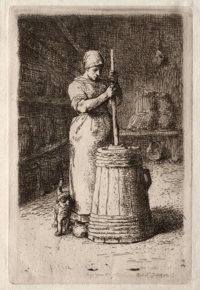 Eine Frau beim Buttern (Radierung) von Jean-Francois Millet