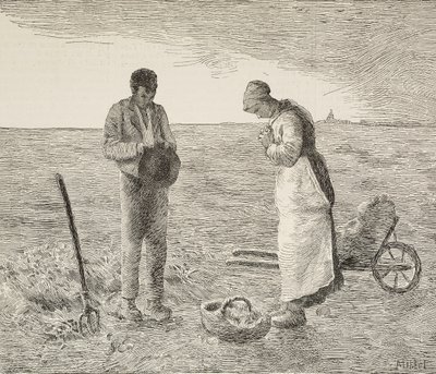 Angelus, et par bønder i felt, gravering fra maleri av Jean-Francois Millet (1814-1875), fransk maler, fra L