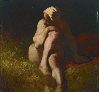 Naken bondejente sittende på skråningen ved en bekk av Jean-Francois Millet