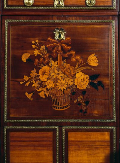 Kurv med blomster, detalj fra innlegget på Louis XVI stil sateng og amaranth skrivepult, signert av Jean-Henri Riesener (1734-1806), Frankrike av Jean-Henri Riesener