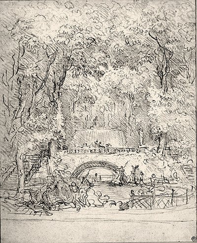 Kaskade i en hage (kritt på papir) av Jean Honore Fragonard