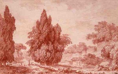 Utsikt over en park (rødt kritt på papir) av Jean Honore Fragonard