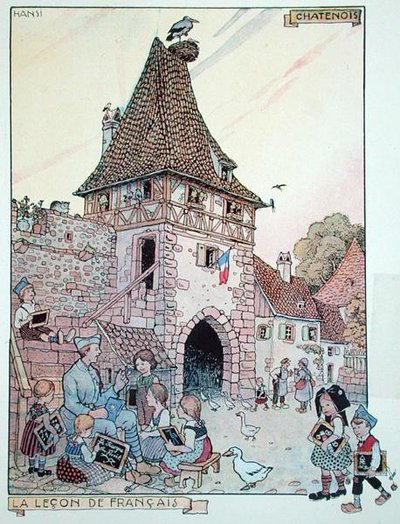 En fransk soldat som lærer fransk til barn fra Alsace som har blitt franske statsborgere igjen, illustrasjon fra 'Histoire de l'Alsace, Hansi, ca. 1915-16 (farge litho) av Jean Jacques Waltz