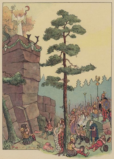 Druider som feirer en festival på Maennelstein, Alsace (farge litho) av Jean Jacques Waltz