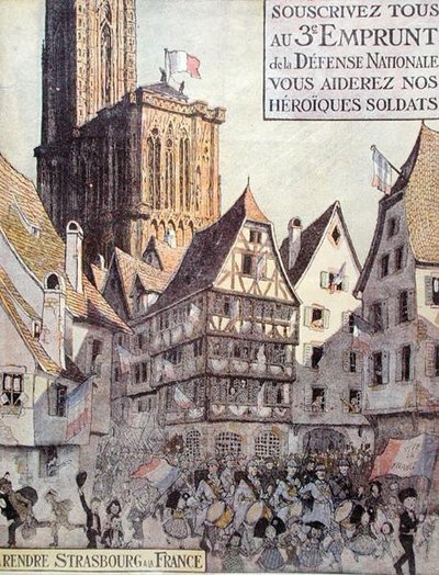 Plakat som annonserer det tredje nasjonale forsvarslånet, utstedt til fordel for Alsace, første verdenskrig av Jean Jacques Waltz