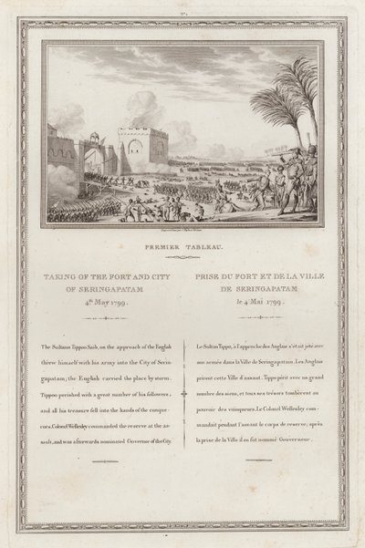 Fangst av fortet og byen Seringapatnam av den britiske, fjerde Anglo-Mysore-krigen, India av Jean (after) Duplessi Bertaux