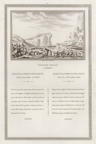 Fange av fortet Gawilghur av britene under kommando av Arthur Wellesley, andre Anglo-Marashtra-krigen, India av Jean (after) Duplessi Bertaux