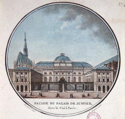 Fasade av Palais de Justice, ca. 1785 (litho-farge) av Jean (after) Testard