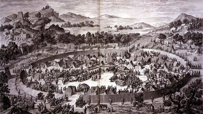 Tchao-Hoei i leiren sin under murene til Yerechim mottar hyllingen av innbyggerne i byen og provinsen i juli 1759, plate 4 fra serien med trykk som representerer erobringene av Qianlong, keiseren av Kina, gravert av Pierre Philippe Cho av Jean (d.1781) (after) Damascene